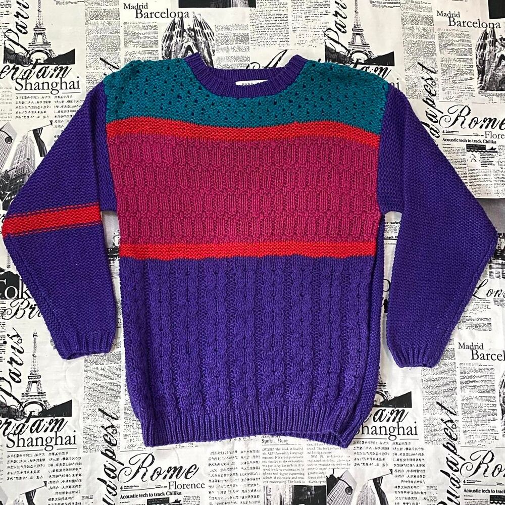 Ann Stevens Women's Blue pink Purple striped knit sweater vintage 80s handmade